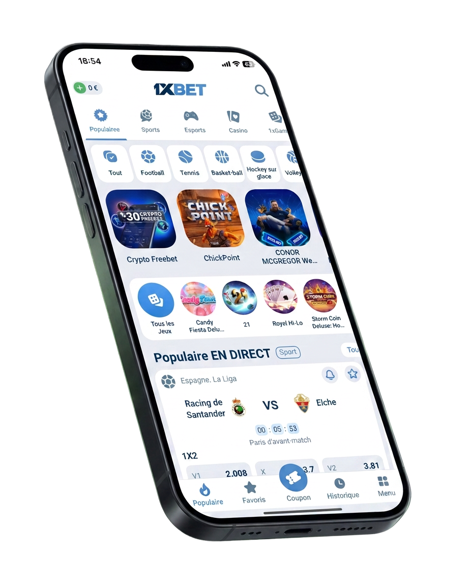 Application 1XBET affichant les matchs en direct